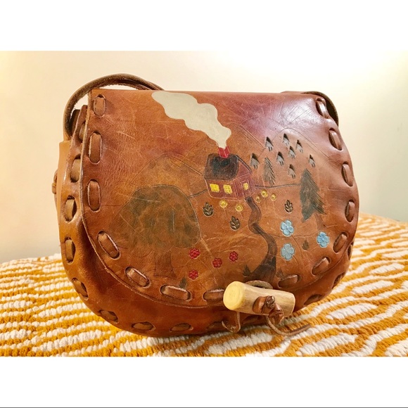 Handbags - Vintage 60's leather handmade painted shoulder bag